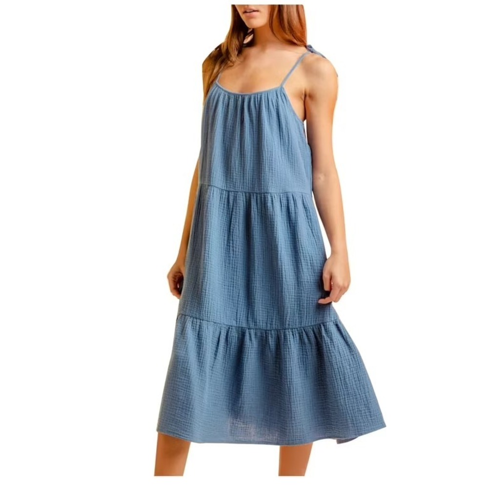 LUMIERE Tied Spaghetti Strap Midi Dress Women's Medium Blue Boho Cowgirl Hippie
